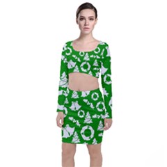 Green White Backdrop Background Card Christmas Long Sleeve Crop Top & Bodycon Skirt Set