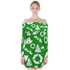 Green White Backdrop Background Card Christmas Long Sleeve Off Shoulder Dress