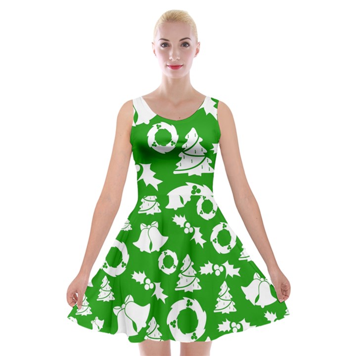 Green White Backdrop Background Card Christmas Velvet Skater Dress