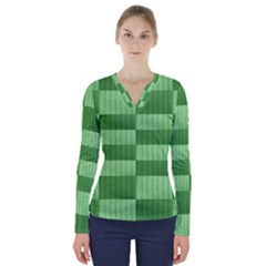 Wool Ribbed Texture Green Shades V-neck Long Sleeve Top by Celenk