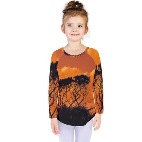 Trees Branches Sunset Sky Clouds Kids  Long Sleeve Tee by Celenk