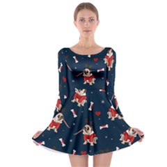 Pug Xmas Pattern Long Sleeve Skater Dress by Valentinaart