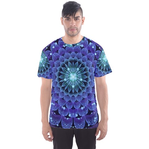 Accordant Electric Blue Fractal Flower Mandala Men s Sports Mesh Tee by jayaprime