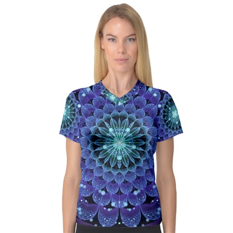 Accordant Electric Blue Fractal Flower Mandala V-neck Sport Mesh Tee by jayaprime