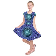 Accordant Electric Blue Fractal Flower Mandala Kids  Short Sleeve Dress by jayaprime