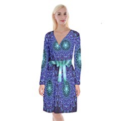 Accordant Electric Blue Fractal Flower Mandala Long Sleeve Velvet Front Wrap Dress by jayaprime