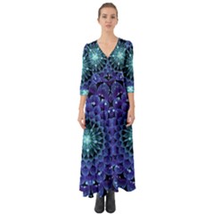 Accordant Electric Blue Fractal Flower Mandala Button Up Boho Maxi Dress by jayaprime