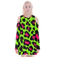 Neon Green Leopard Print Velvet Long Sleeve Shoulder Cutout Dress by allthingseveryone