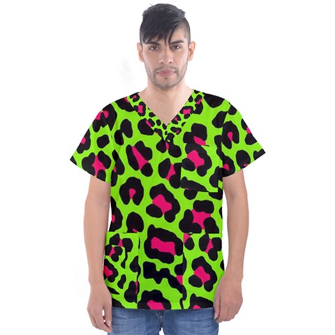 Neon Green Leopard Print Men s V-neck Scrub Top by allthingseveryone