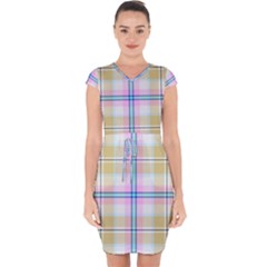 Pink And Yellow Plaid Capsleeve Drawstring Dress 