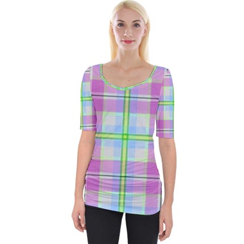 Pink And Blue Plaid Wide Neckline Tee by allthingseveryone