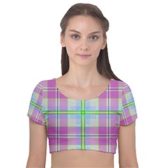 Pink And Blue Plaid Velvet Short Sleeve Crop Top  by allthingseveryone