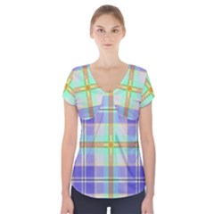 Blue And Yellow Plaid Short Sleeve Front Detail Top