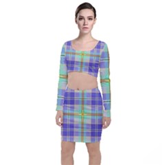 Blue And Yellow Plaid Long Sleeve Crop Top & Bodycon Skirt Set