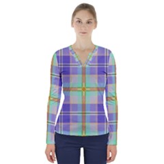 Blue And Yellow Plaid V-Neck Long Sleeve Top