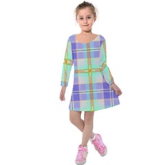 Blue And Yellow Plaid Kids  Long Sleeve Velvet Dress