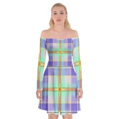 Blue And Yellow Plaid Off Shoulder Skater Dress