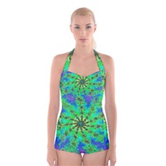 Green Psychedelic Starburst Fractal Boyleg Halter Swimsuit 