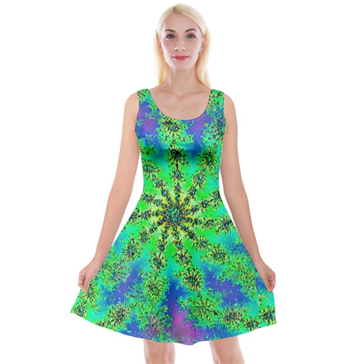 Green Psychedelic Starburst Fractal Reversible Velvet Sleeveless Dress