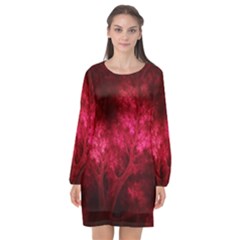 Artsy Red Trees Long Sleeve Chiffon Shift Dress 