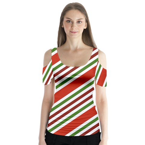 Christmas Color Stripes Butterfly Sleeve Cutout Tee  by Celenk