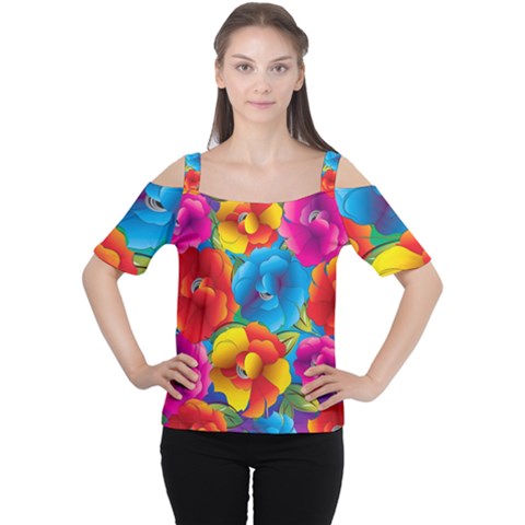 Neon Colored Floral Pattern Cutout Shoulder Tee by Bigfootshirtshop