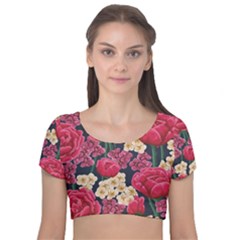 Pink Roses And Daisies Velvet Short Sleeve Crop Top  by Bigfootshirtshop