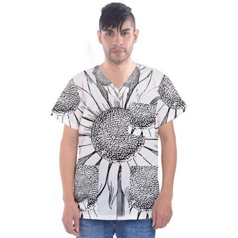 Sunflower Flower Line Art Summer Men s V-neck Scrub Top by Celenk