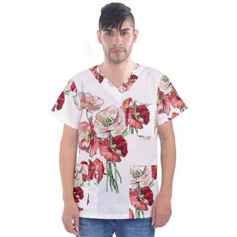 Flowers Poppies Poppy Vintage Men s V-neck Scrub Top by Celenk