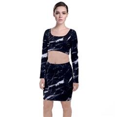 Black Texture Background Stone Long Sleeve Crop Top & Bodycon Skirt Set by Celenk