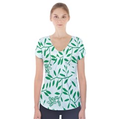 Leaves Foliage Green Wallpaper Short Sleeve Front Detail Top by Celenk