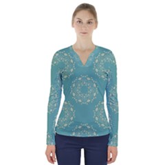 Floral Vintage Royal Frame Pattern V-Neck Long Sleeve Top