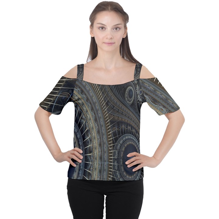 Fractal Spikes Gears Abstract Cutout Shoulder Tee