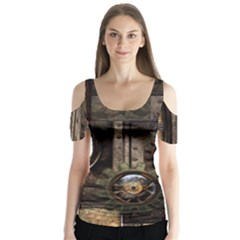 Steampunk, Wonderful Clockwork With Gears Butterfly Sleeve Cutout Tee 