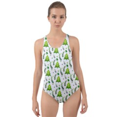 Watercolor Christmas Tree Cut-Out Back One Piece Swimsuit