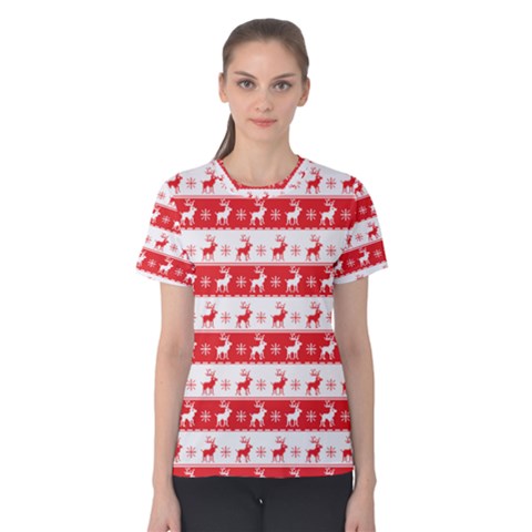 Knitted Red White Reindeers Women s Cotton Tee by patternstudio