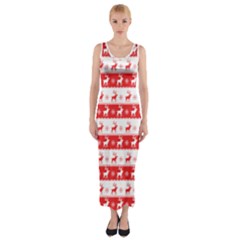 Knitted Red White Reindeers Fitted Maxi Dress by patternstudio