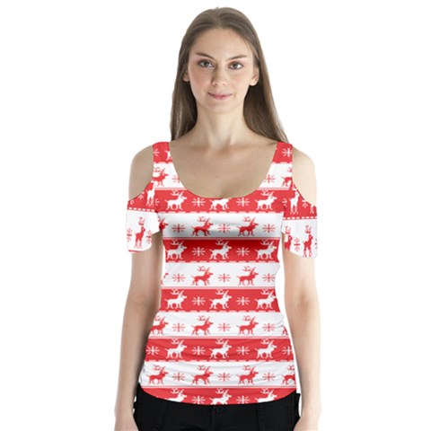 Knitted Red White Reindeers Butterfly Sleeve Cutout Tee  by patternstudio