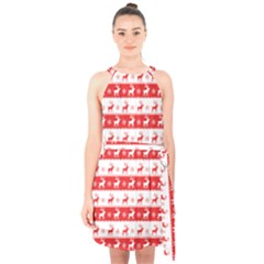 Knitted Red White Reindeers Halter Collar Waist Tie Chiffon Dress by patternstudio