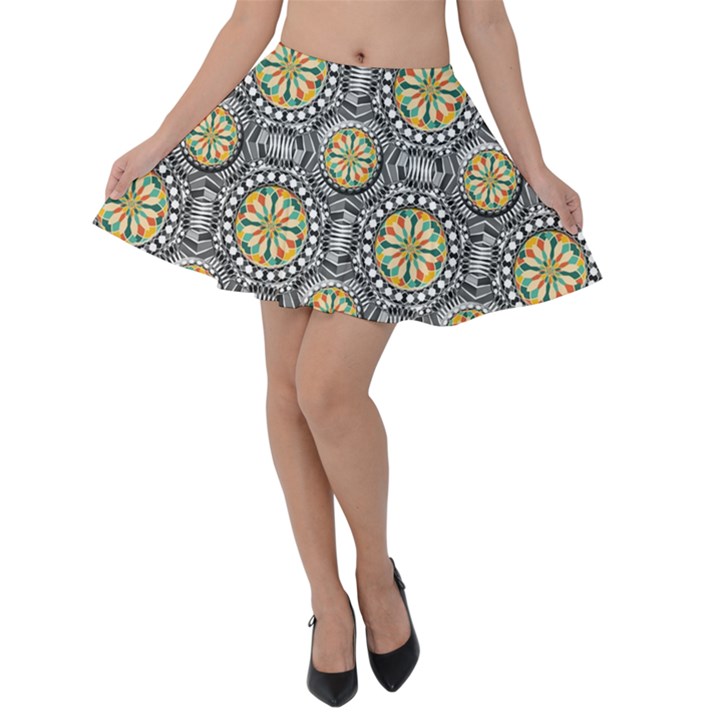 Beveled Geometric Pattern Velvet Skater Skirt