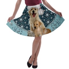 It s Winter And Christmas Time, Cute Kitten And Dogs A-line Skater Skirt by FantasyWorld7