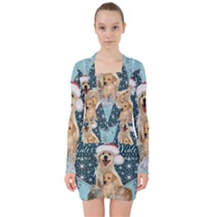 It s Winter And Christmas Time, Cute Kitten And Dogs V-neck Bodycon Long Sleeve Dress by FantasyWorld7