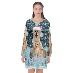 It s Winter And Christmas Time, Cute Kitten And Dogs Long Sleeve Chiffon Shift Dress  by FantasyWorld7