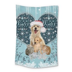 It s Winter And Christmas Time, Cute Kitten And Dogs Small Tapestry by FantasyWorld7