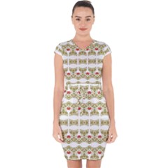 Striped Ornate Floral Print Capsleeve Drawstring Dress  by dflcprints