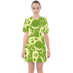 Pale Green Butterflies Pattern Sixties Short Sleeve Mini Dress