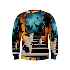 Music, Piano With Birds And Butterflies Kids  Sweatshirt by FantasyWorld7