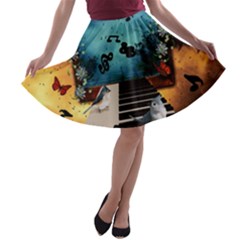 Music, Piano With Birds And Butterflies A-line Skater Skirt by FantasyWorld7