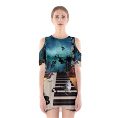 Music, Piano With Birds And Butterflies Shoulder Cutout One Piece by FantasyWorld7