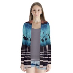 Music, Piano With Birds And Butterflies Drape Collar Cardigan